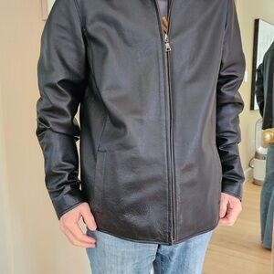 Eddie Bauer Black Leather Jacket with Relaxed Fit and Stand-Up Collar